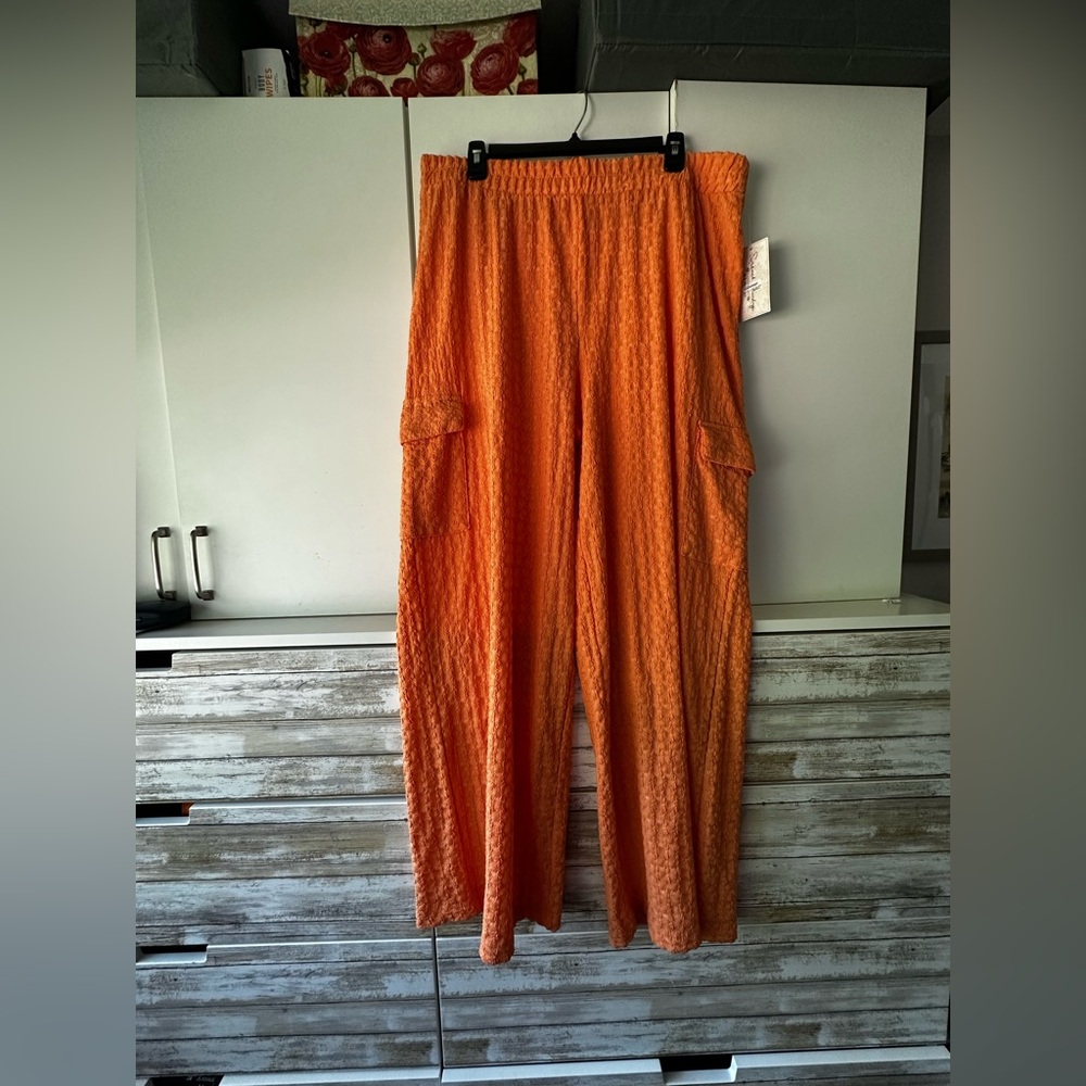 ๐งก NWT French Laundry 1X Orange Crinkle Wide Leg Cargo Pants Pockets